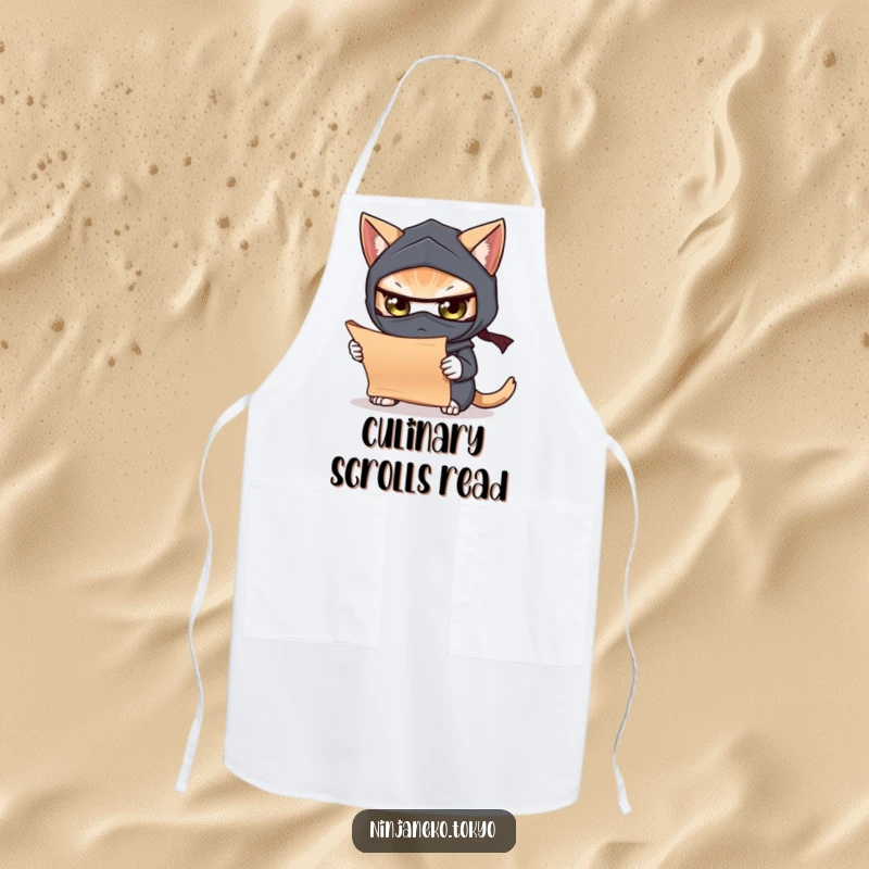 Funny apron showcasing a ninja cat studying a scroll while cooking, blending culinary skill with humorous intent. A wise addition to the kitchen.