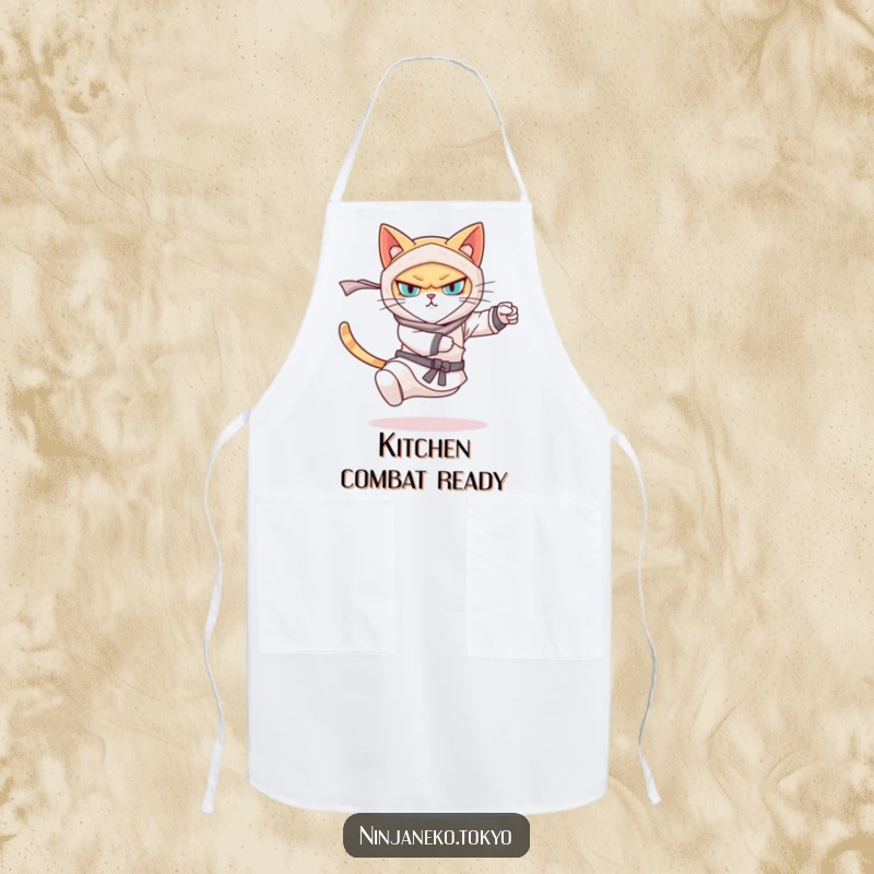 Funny apron with a determined ninja cat performing a swift kick, ideal for kitchen use and adding humor to cooking. Perfect funny gift.