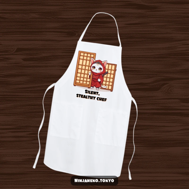 Funny Ninja Cat Apron: A ninja cat in a red kimono peeks out from behind a screen, a humorous apron for the stealthy chef.