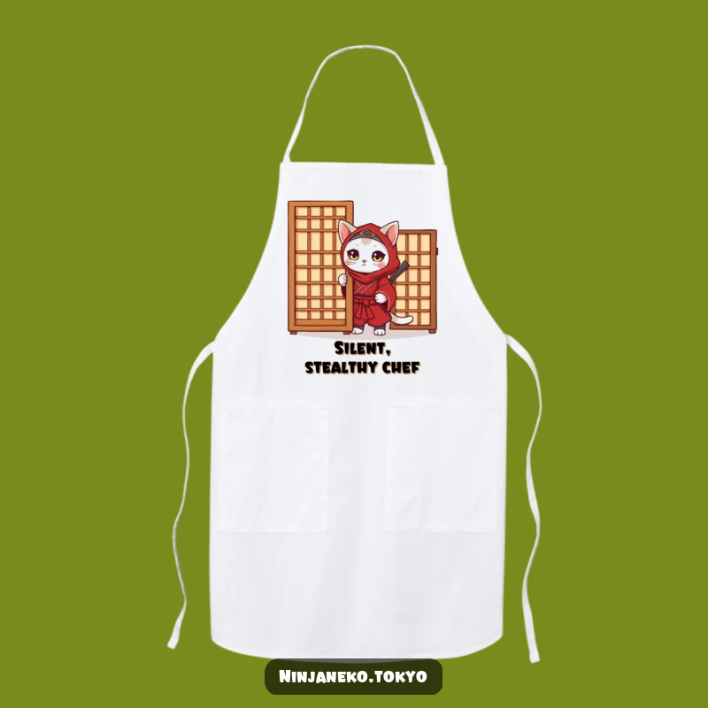 Funny Ninja Cat Apron - Red Kimono Chef's Wear, Hilarious Cooking Gift