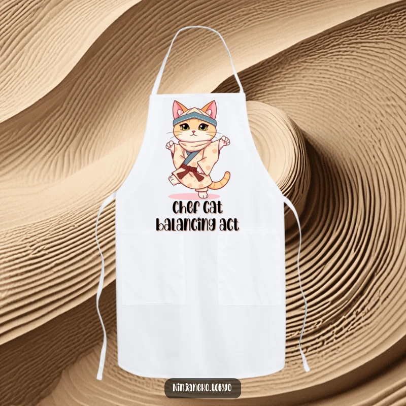 Funny apron showing a ninja cat in a patterned kimono perfectly balancing on one paw, ready for any culinary challenge.