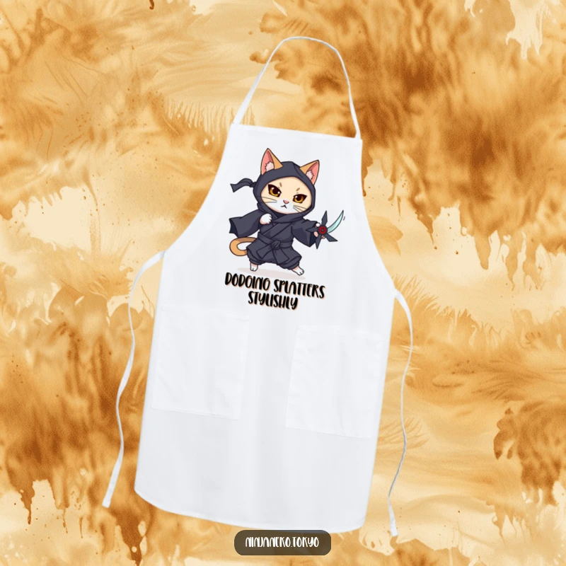 Funny apron showing a ninja cat in a dark kimono gracefully dodging imaginary threats, ready for any kitchen task.