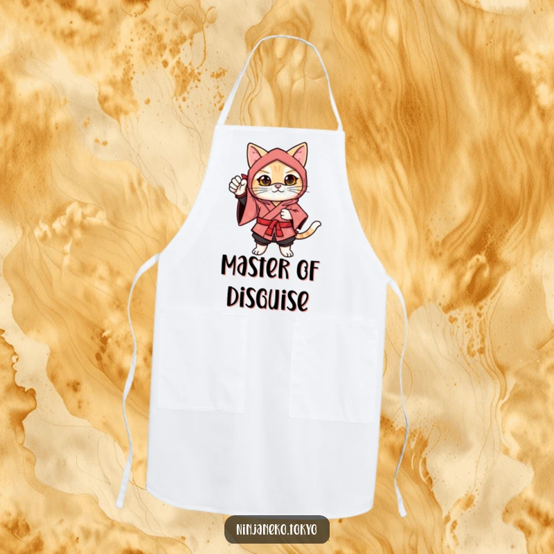 Funny ninja cat in a festive kimono striking a confident pose with one paw raised, a humorous and practical apron.