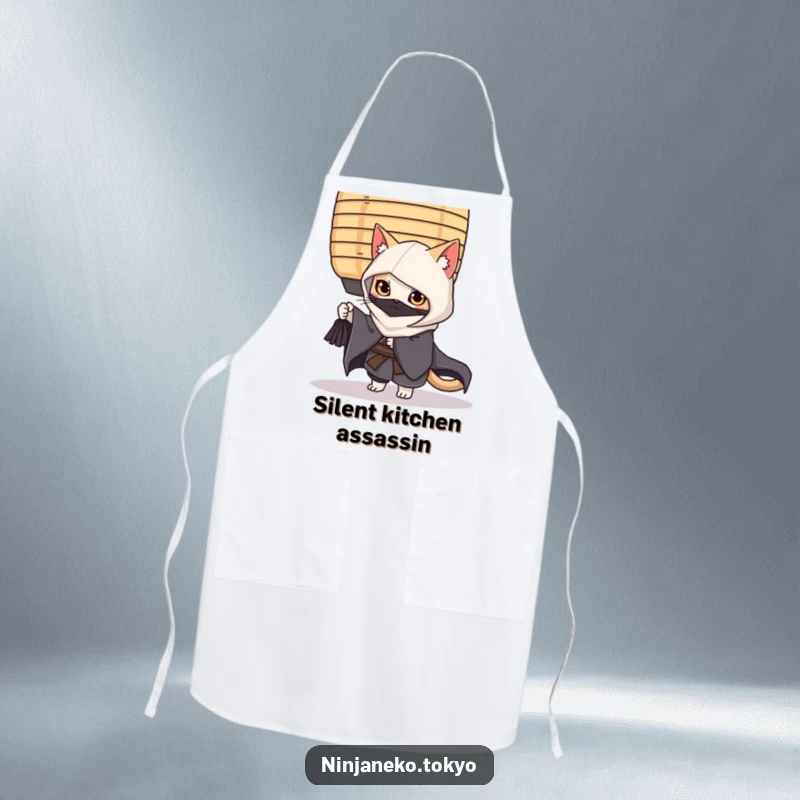 Funny ninja cat clad in a kimono, peeking stealthily from behind a lantern, making this apron a humorous kitchen essential.