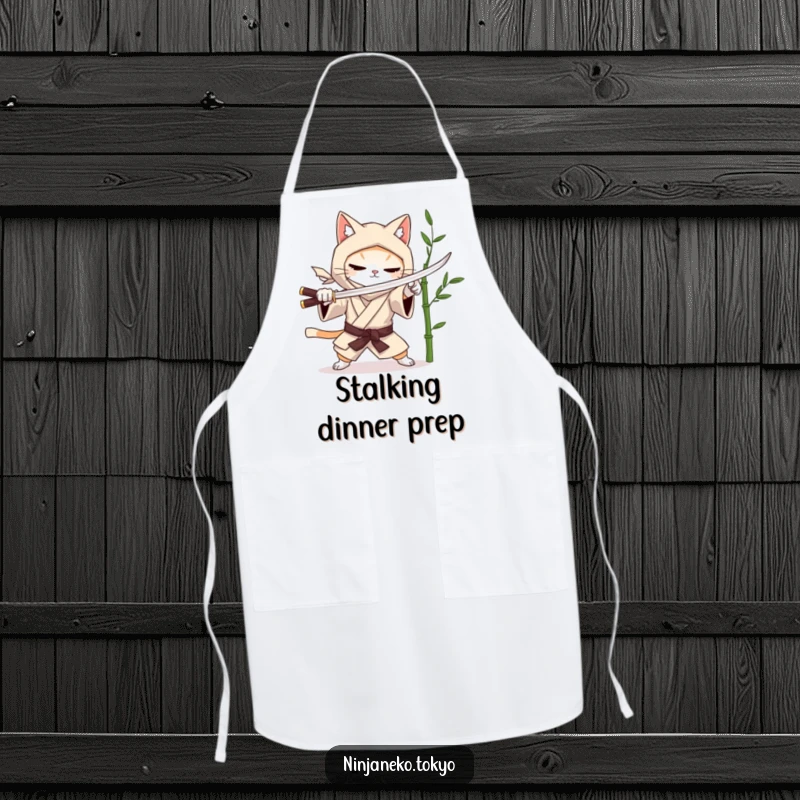 Funny apron with a ninja cat in a kimono practicing sword fighting with a bamboo stalk. Ideal for kitchen use. Perfect funny gift.