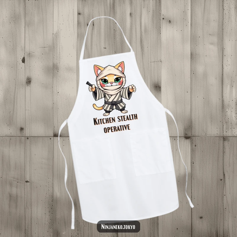 Funny Ninja Cat Apron: A determined cat in a striped kimono strikes a ninja pose, adding humorous stealth to this kitchen essential.