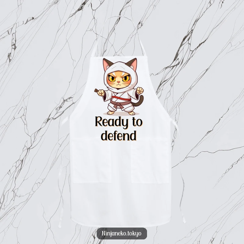 Funny ninja cat in a traditional kimono in a strong defensive stance, a humorous and practical apron for chefs.