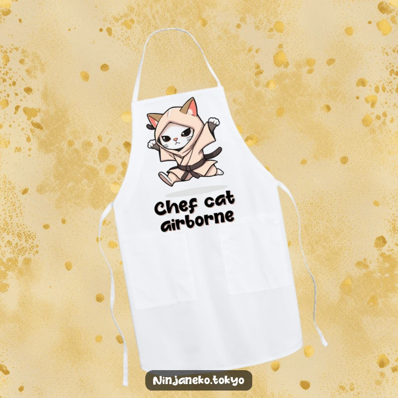 Funny apron showing a ninja cat in a stealthy kimono performing a silent leap, ready for any kitchen challenge.