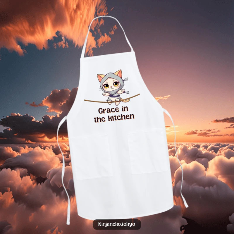 Funny apron with a ninja cat with bright eyes balancing on a thin rope. Ideal for kitchen use. Perfect funny gift.