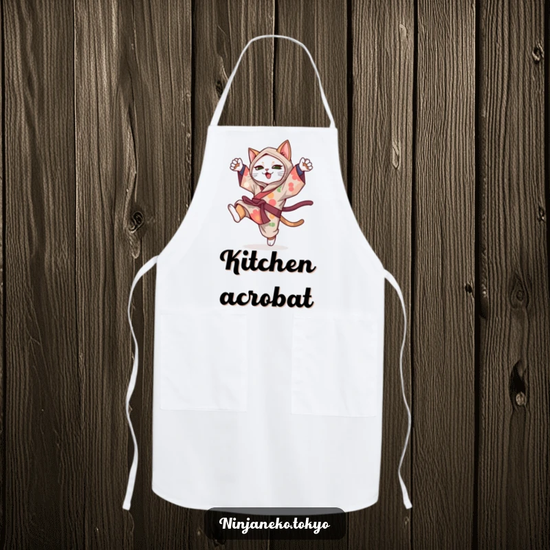 Funny ninja cat in a colorful kimono doing a playful somersault, a humorous and practical apron for the kitchen.