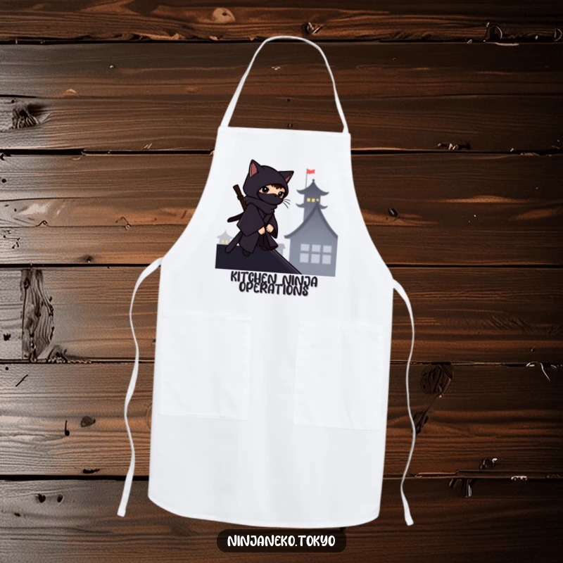Funny ninja cat in a dark kimono silhouetted on a rooftop, on a kitchen apron, adding stealthy humor to cooking.
