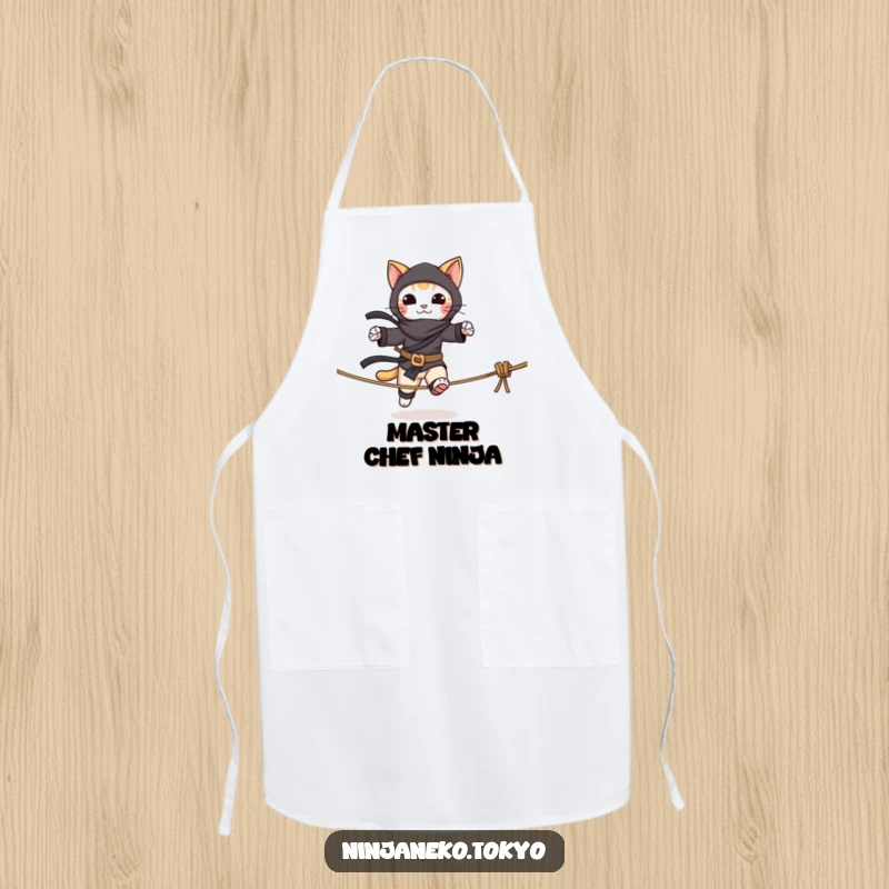 Funny apron showcasing a ninja cat expertly navigating a tightrope while cooking, adding humor to kitchen adventures. Stealthy and stylish.