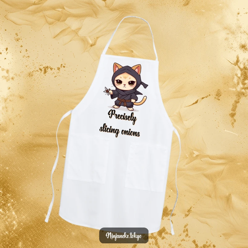 Funny ninja cat in a dark kimono, balancing a tiny shuriken on its paw, making this apron a symbol of focused kitchen humor.