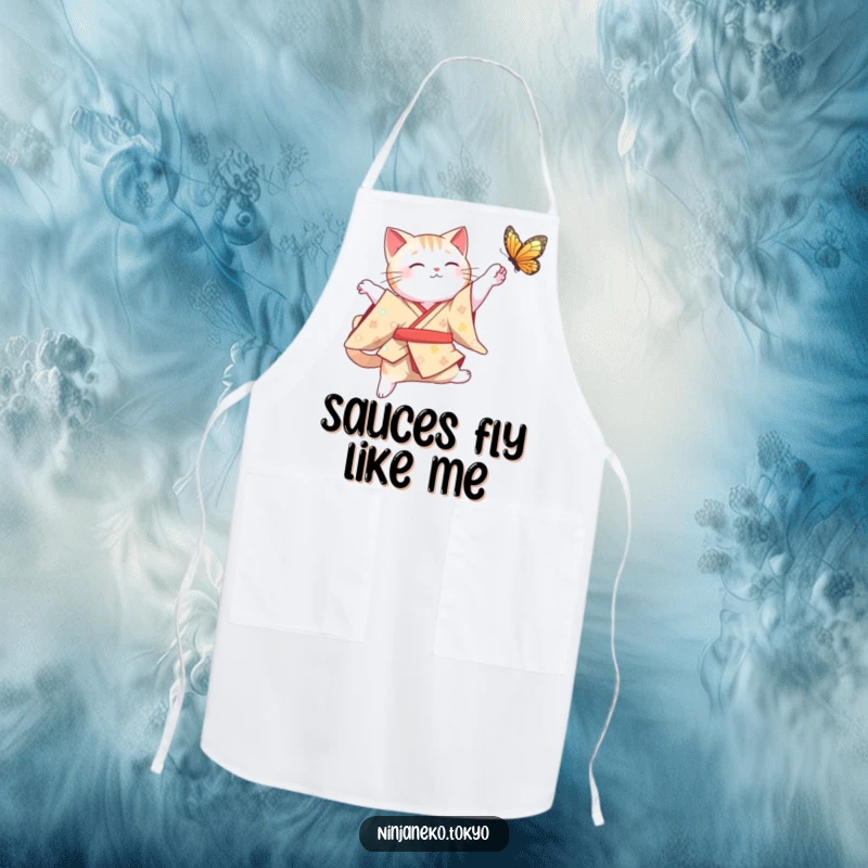 Funny Cat Apron: A graceful cat in a traditional kimono leaps mid-air to catch a butterfly, adding elegant humor to this kitchen essential.