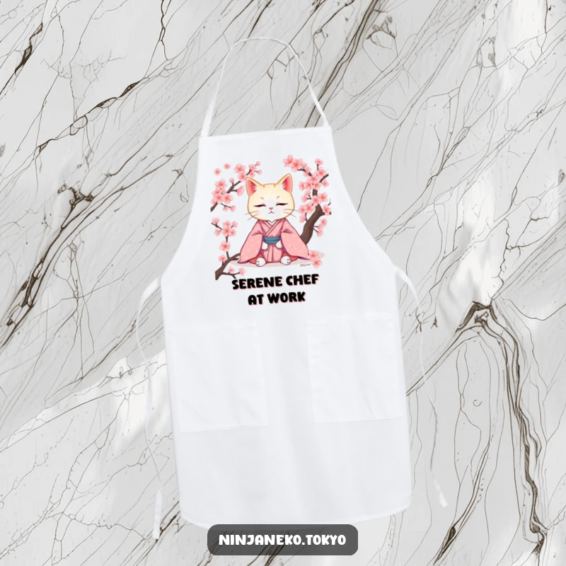 Funny apron showcasing a cat in a kimono meditating while cooking, blending peacefulness with kitchen humor. An elegant accessory.