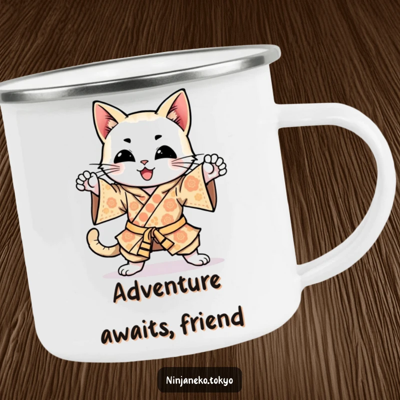 Funny happy cat in a kimono, practicing ninja kicks, ready for adventure on this rugged and humorous camping mug.