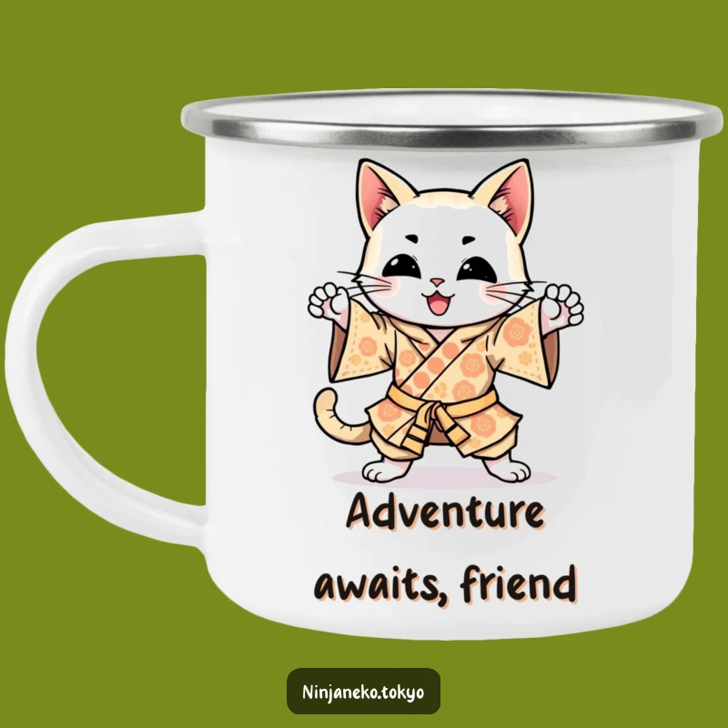 Funny Happy Cat Kimono Camping Mug: Adventure Kicks & Hilarious Gifts