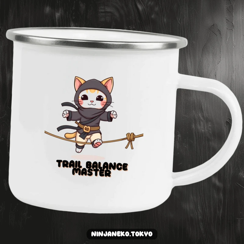 Funny camping mug showing a ninja cat balancing on a tightrope, perfect for outdoor brews and adding humor to camping trips.