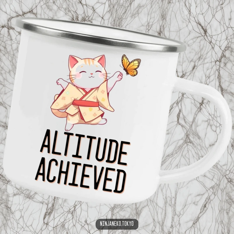 Funny Cat Camping Mug: A graceful cat in a traditional kimono leaps mid-air for a butterfly, perfect for outdoor elegance and humor.