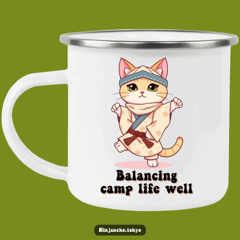Funny Ninja Cat Balance Camping Mug: Poised Sips Outdoors