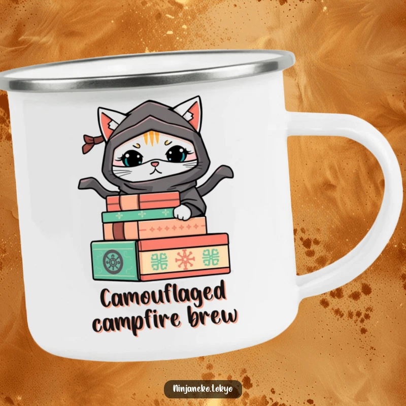 Funny camping mug showing a ninja cat hiding behind decorative boxes, perfect for outdoor brews and adding a touch of playful humor.