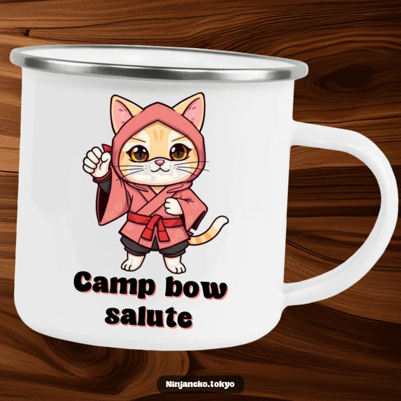 Funny ninja cat in a festive kimono striking a confident pose with one paw raised, ready for adventure on this camping mug.