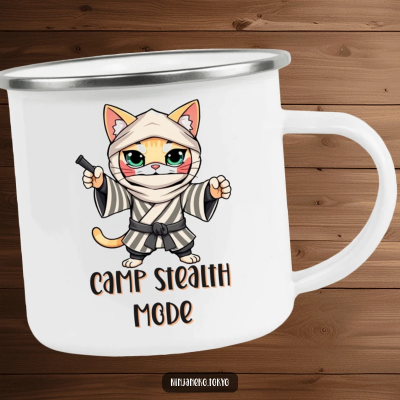 Funny Ninja Cat Camping Mug: A determined cat in a striped kimono strikes a ninja pose, perfect for outdoor action and humor.
