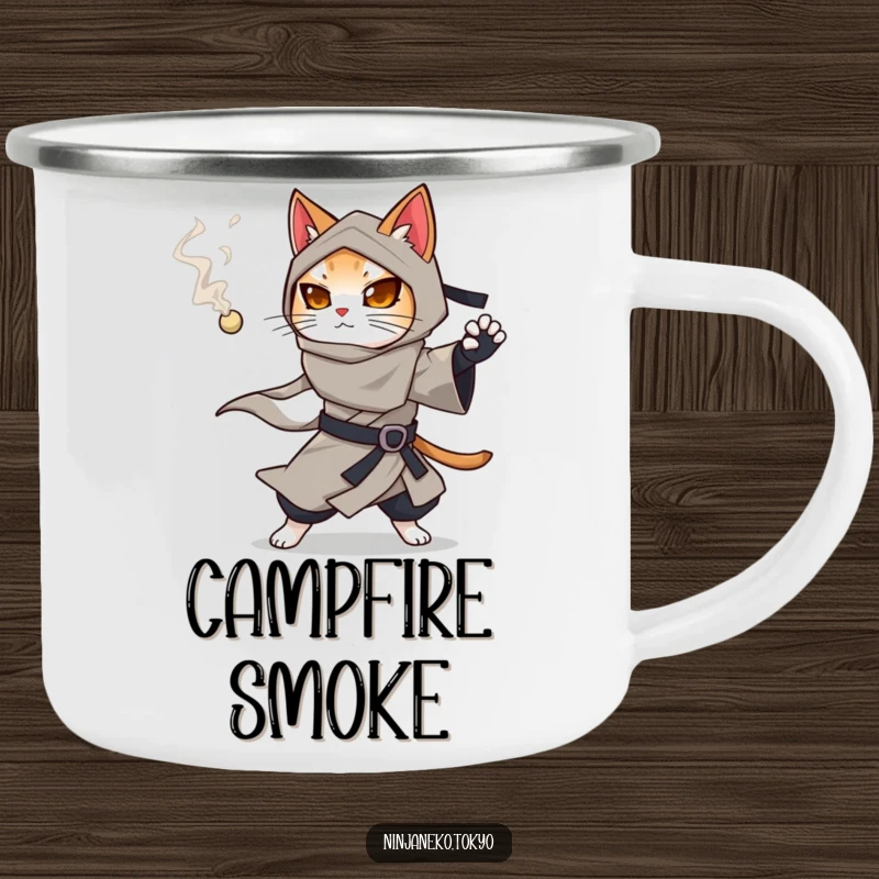 Funny ninja cat in a flowing kimono with a smoking pellet, ready for adventure on this camping mug.
