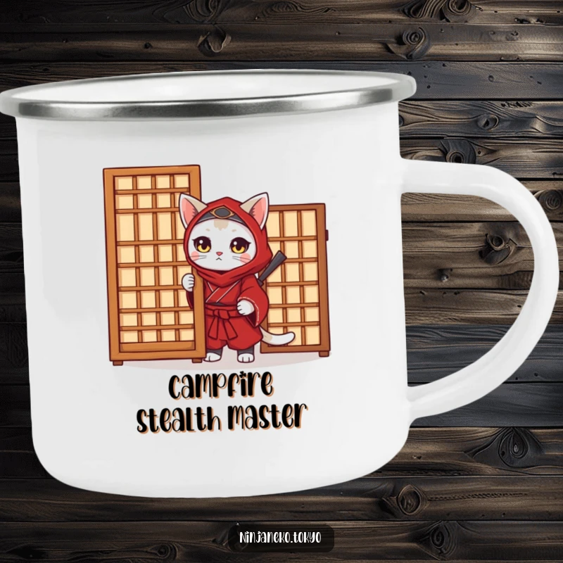 Funny Ninja Cat Camping Mug: A red kimono ninja cat peeks from behind a screen on an enamel mug, perfect for outdoor humor.