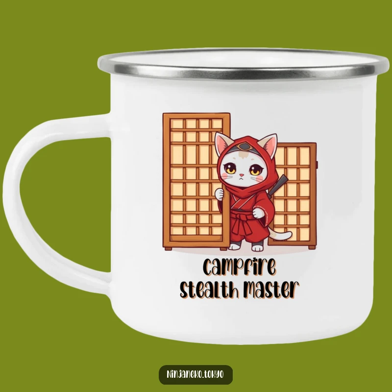 Funny Ninja Cat Camping Mug - Enamel Red Kimono Explorer's Cup, Gift