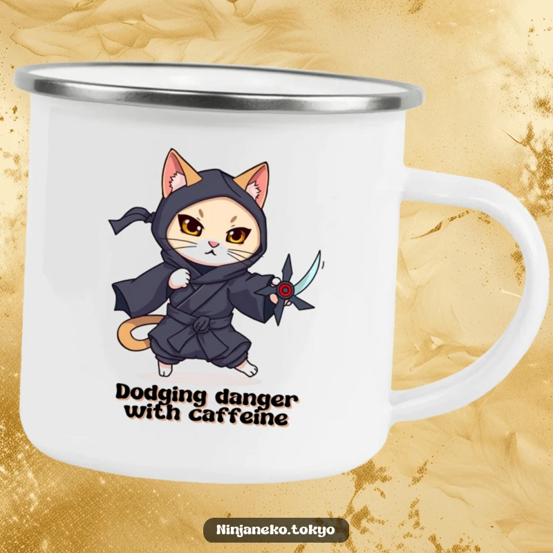Funny camping mug depicting a ninja cat in a dark kimono gracefully dodging imaginary threats, perfect for rugged trips.