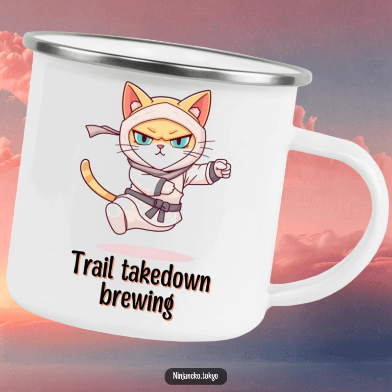 Funny camping mug featuring a determined ninja cat kicking, built for outdoor use with a humorous and action-packed design. Perfect funny gift.