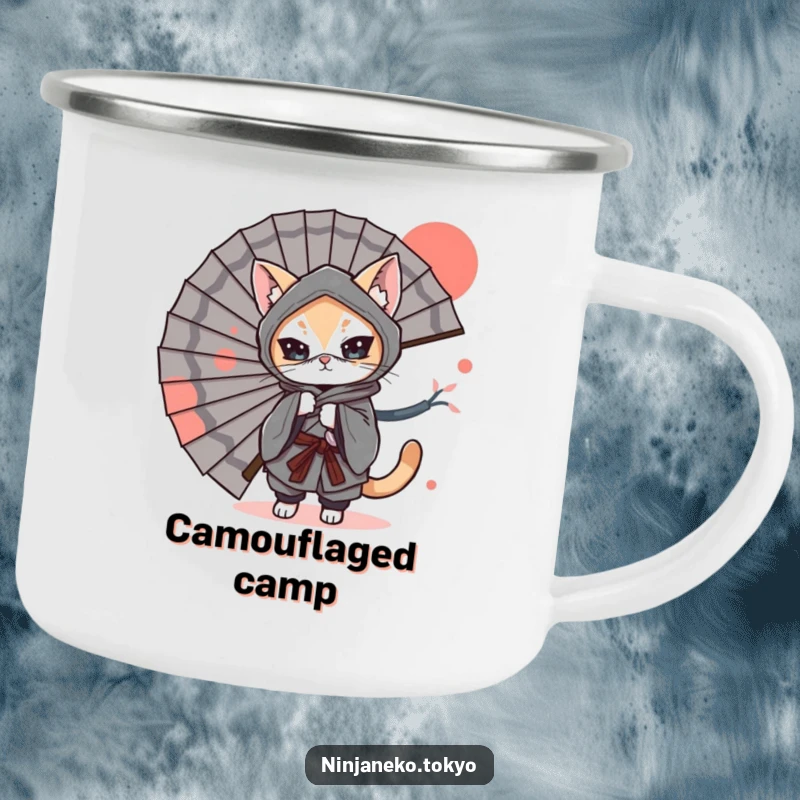 Funny Camping Mug: A ninja cat in a kimono hides behind a large fan, adding playful stealth and humor to outdoor breaks.