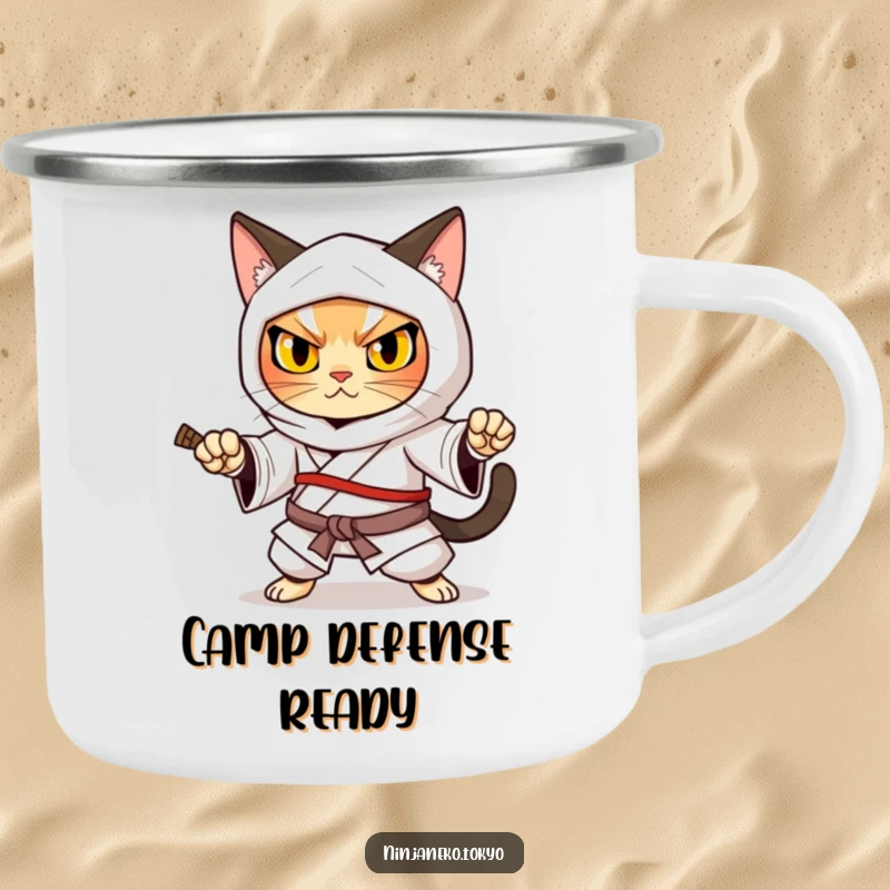 Funny ninja cat in a traditional kimono in a strong defensive stance, ready for adventure on this camping mug.