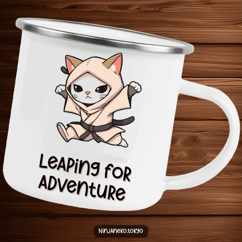 Funny camping mug depicting a ninja cat in a stealthy kimono performing a silent leap, perfect for adventurous brews.