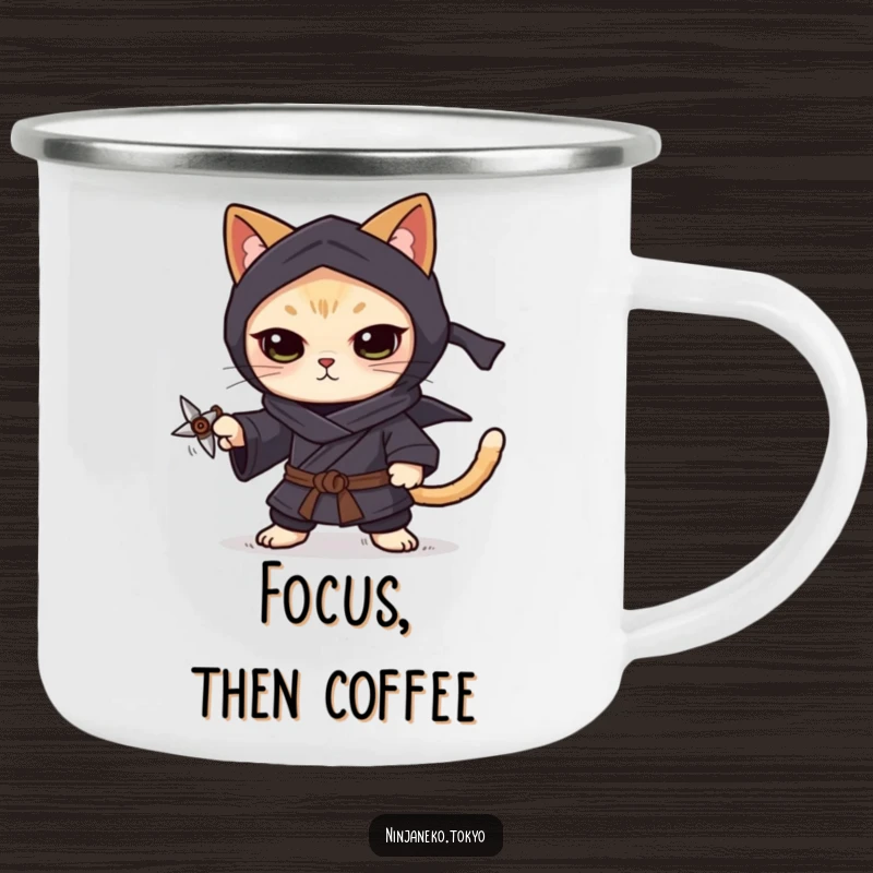 Funny ninja cat in a dark kimono, balancing a tiny shuriken on its paw, ready for focused adventure on this camping mug.