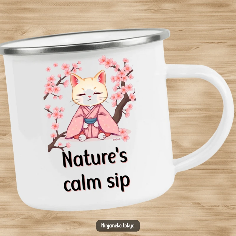 Funny camping mug showing a cat in a kimono meditating among cherry blossoms, perfect for peaceful outdoor brews. Serene and durable.