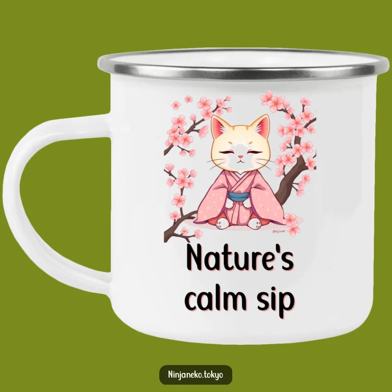 Peaceful Brews: Funny Zen Cat Kimono Camping Mug
