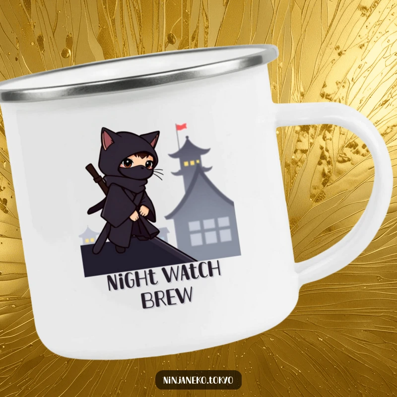 Funny ninja cat in a dark kimono on a rooftop silhouette, on a camping mug, for humorous outdoor observation.