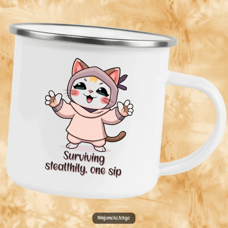 Funny camping mug with a happy ninja cat celebrating a successful mission, paws outstretched, ideal for outdoor enthusiasts.