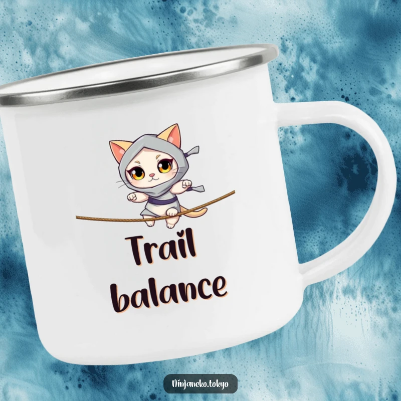 Funny camping mug with a ninja cat with bright eyes balancing on a thin rope. Durable and humorous design. Perfect funny gift.