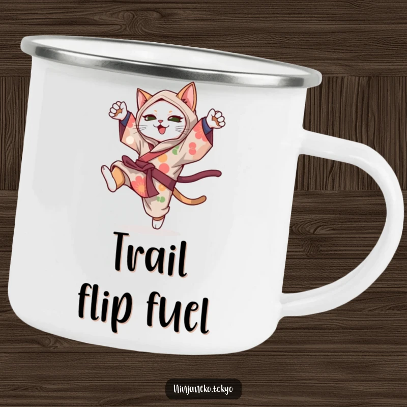 Funny ninja cat in a vibrant kimono doing a playful somersault, perfect for outdoor use on this durable camping mug.
