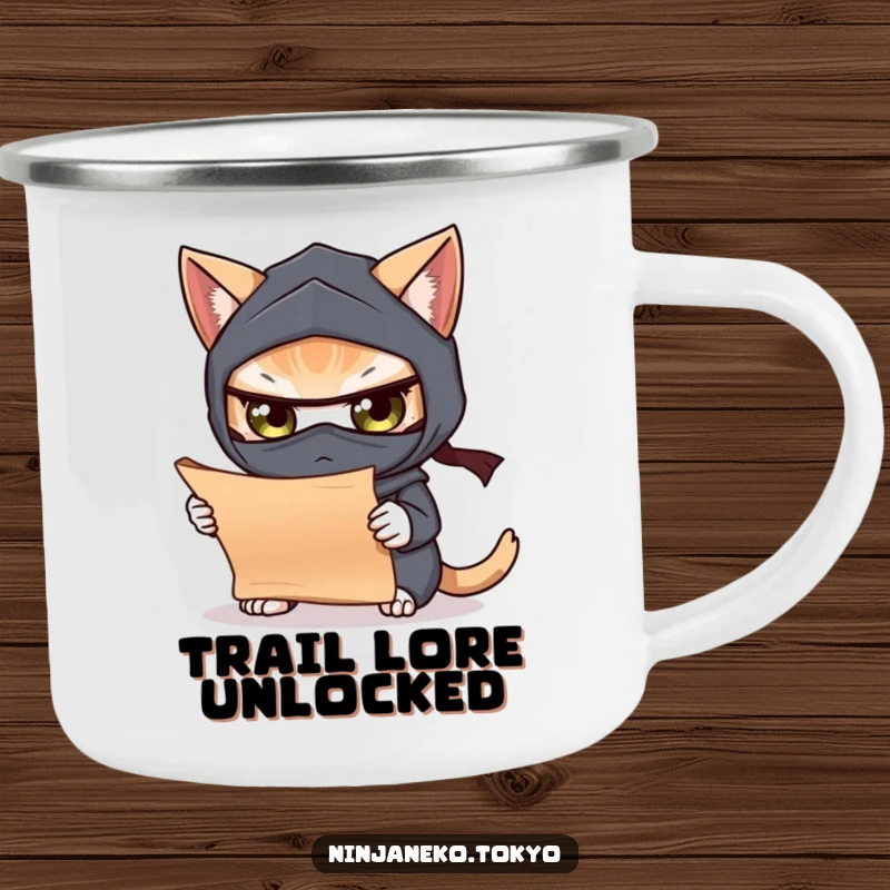 Funny camping mug showing a ninja cat studying a scroll, perfect for morning brews and inspiring deep thoughts during outdoor adventures.