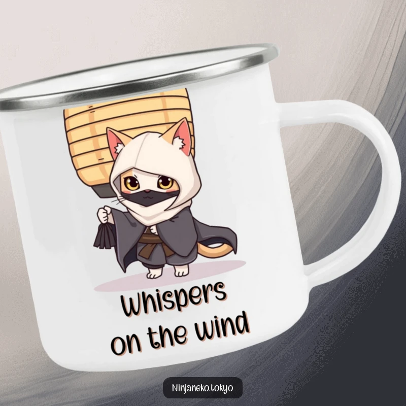 Funny ninja cat in a kimono peeking from behind a lantern, ready for adventure on this rugged and humorous camping mug.