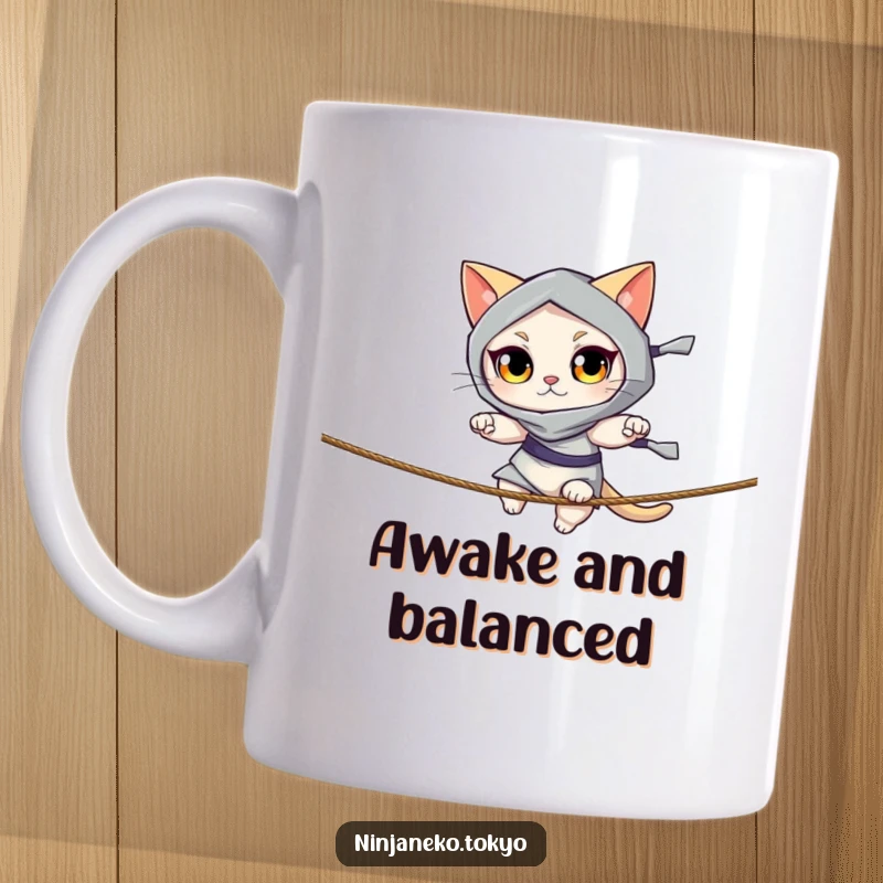 Funny mug showing a ninja cat with bright eyes balancing gracefully on a thin rope, emphasizing agility and humor. Ideal funny gift.
