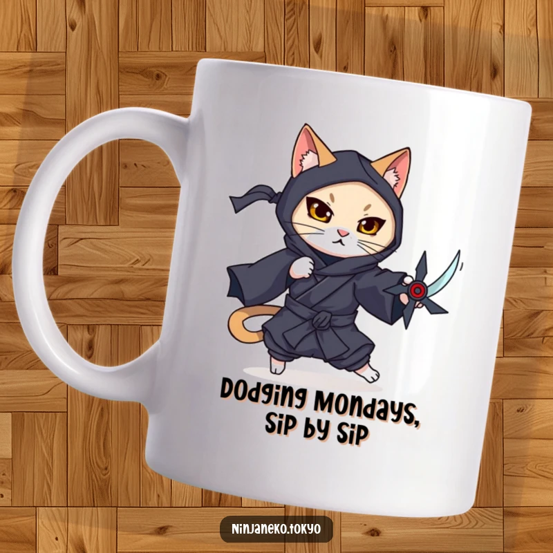 Funny mug featuring a ninja cat in a dark kimono gracefully dodging an imaginary shuriken with feline agility.