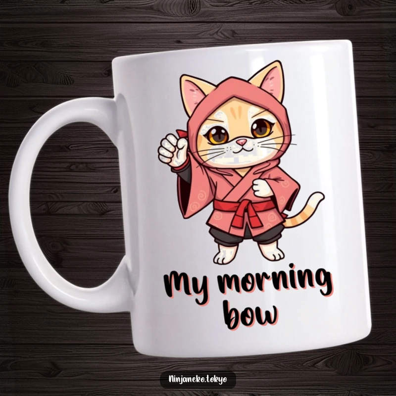 Funny ninja cat in a festive kimono striking a confident pose with one paw raised in a bow, looking proud on this mug.