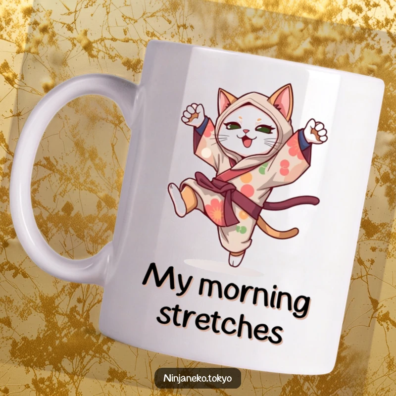 Funny ninja cat in a vibrant kimono doing a playful somersault, expressing agility and fun on this unique mug.