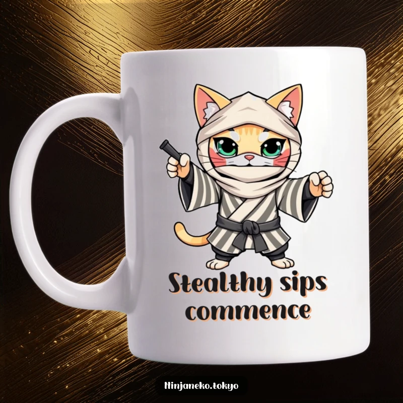 Funny Ninja Cat Mug: A determined cat in a striped kimono strikes a playful ninja pose, ready for action with humor.