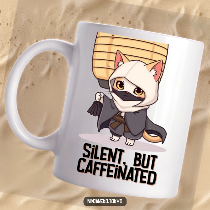 Funny ninja cat in a kimono peeking slyly from behind a large paper lantern, conveying playful stealth on this ceramic mug.